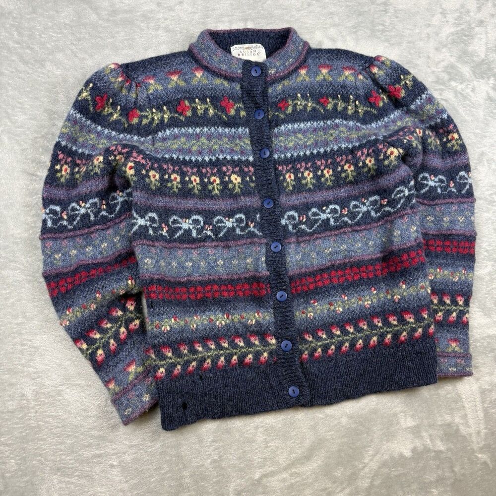 Vintage Susan Bristol Hand Embroidered Wool Floral Cardigan Sweater Women’s M
